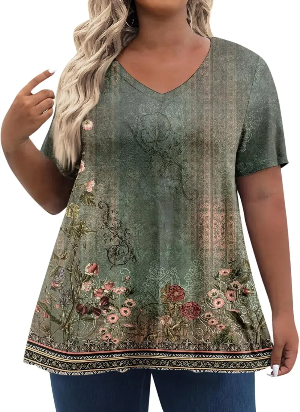 Plus Size Tops for Women Dressy Short Sleeve V Neck Shirts for Women Summer Tops for Women 2024 Floral Print Top