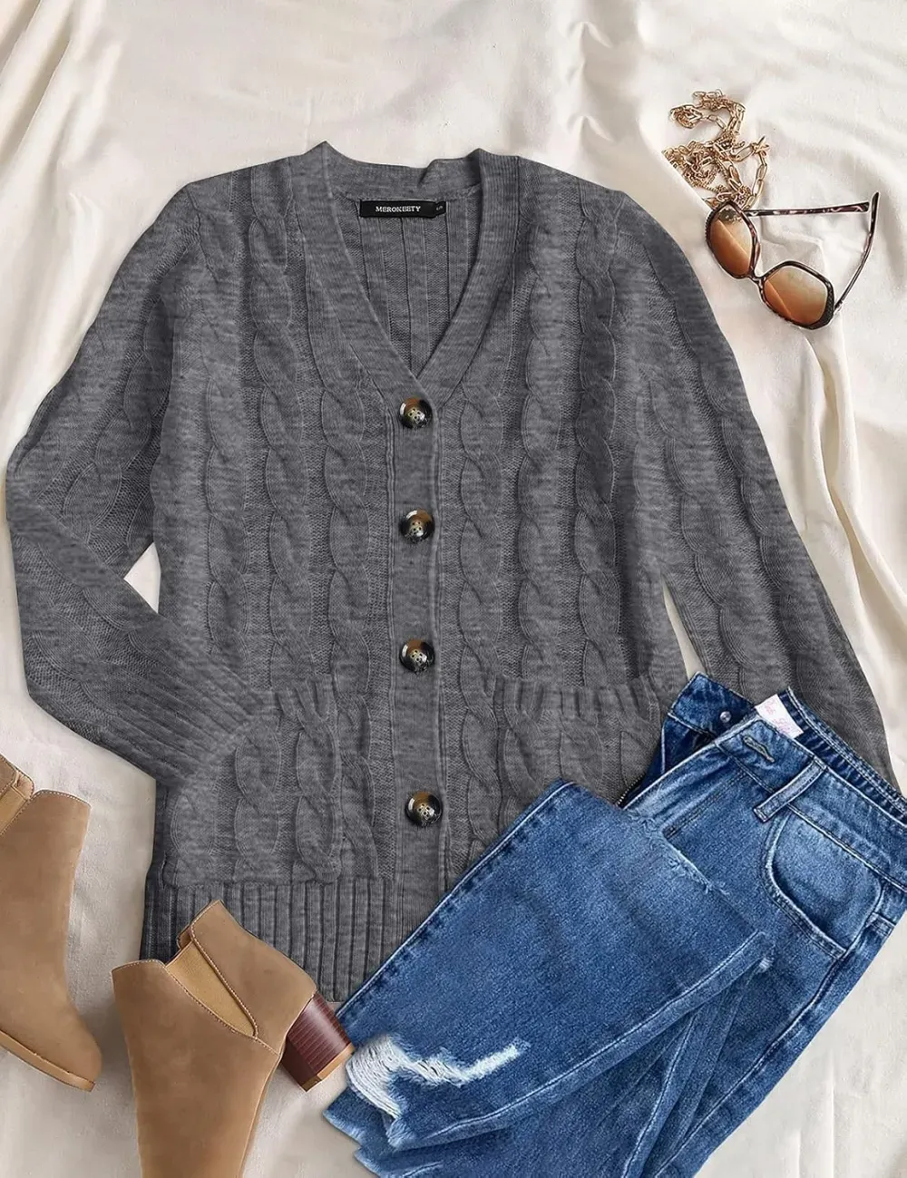 MEROKEETY Women's 2024 Fall Long Sleeve Cable Knit Sweater Open Front Cardigan Button Loose Outerwear