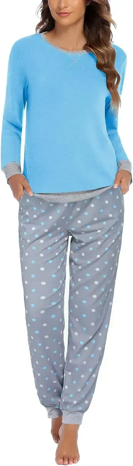 Women's Pajamas Sets Long Sleeve with Plaid Pants Soft Sleepwear O Neck 2 Piece Pjs Joggers Loung Set with Pockets