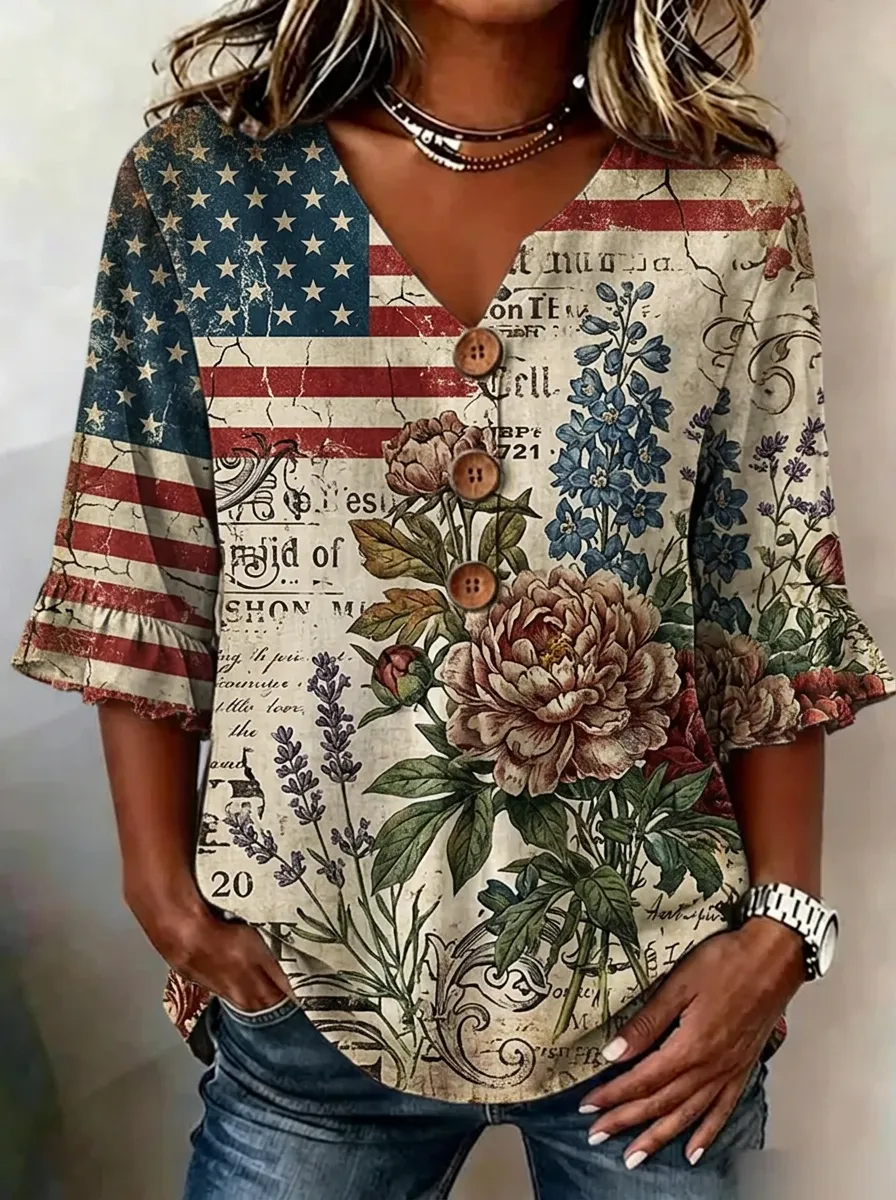 Women's Nashville Floral American Flag Printed V-neck Top
