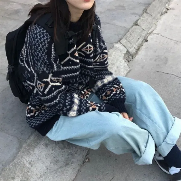 Retro Jacquard Ethnic Style Round Neck Knitted Sweater