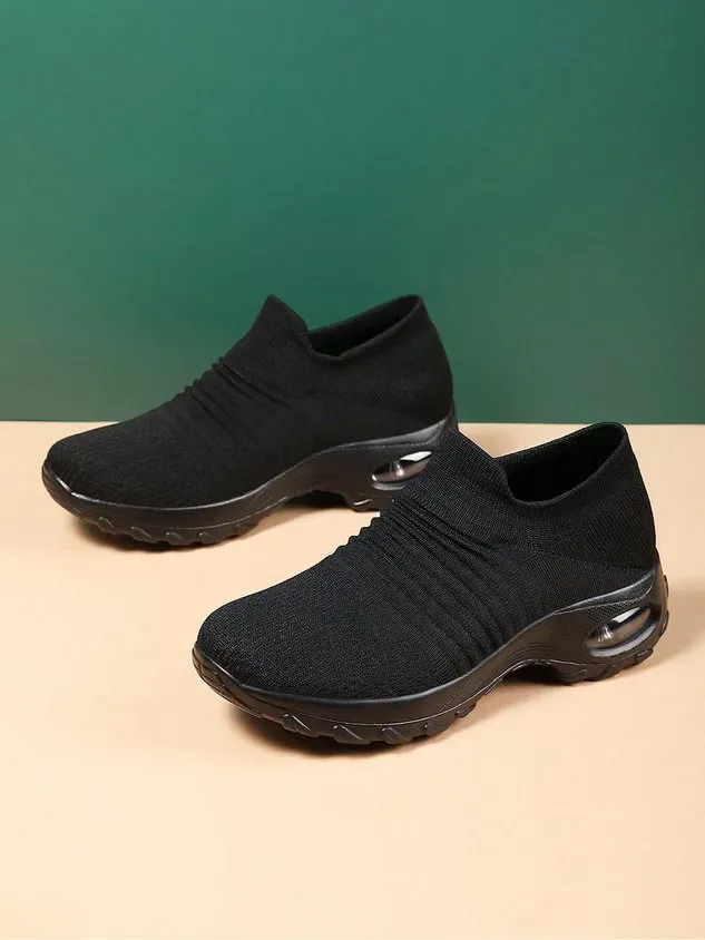 Sports Color Block Breathable Slip On Block Heel Fly Woven Shoes