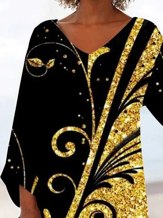 Women Asymmetrical 3/4 Sleeve V-neck Printed Graphic Top Dress