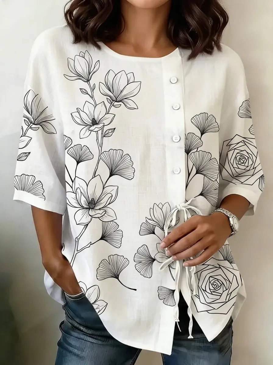 Women's Nashville Floral Ginkgo Rose Printed Button-Down Top