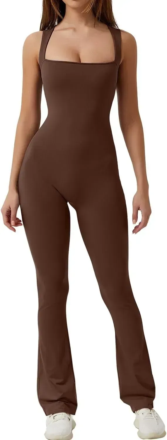 Flare Jumpsuits for Women Strappy Square Neck Bodycon Full Length Long Pants Casual Playsuit