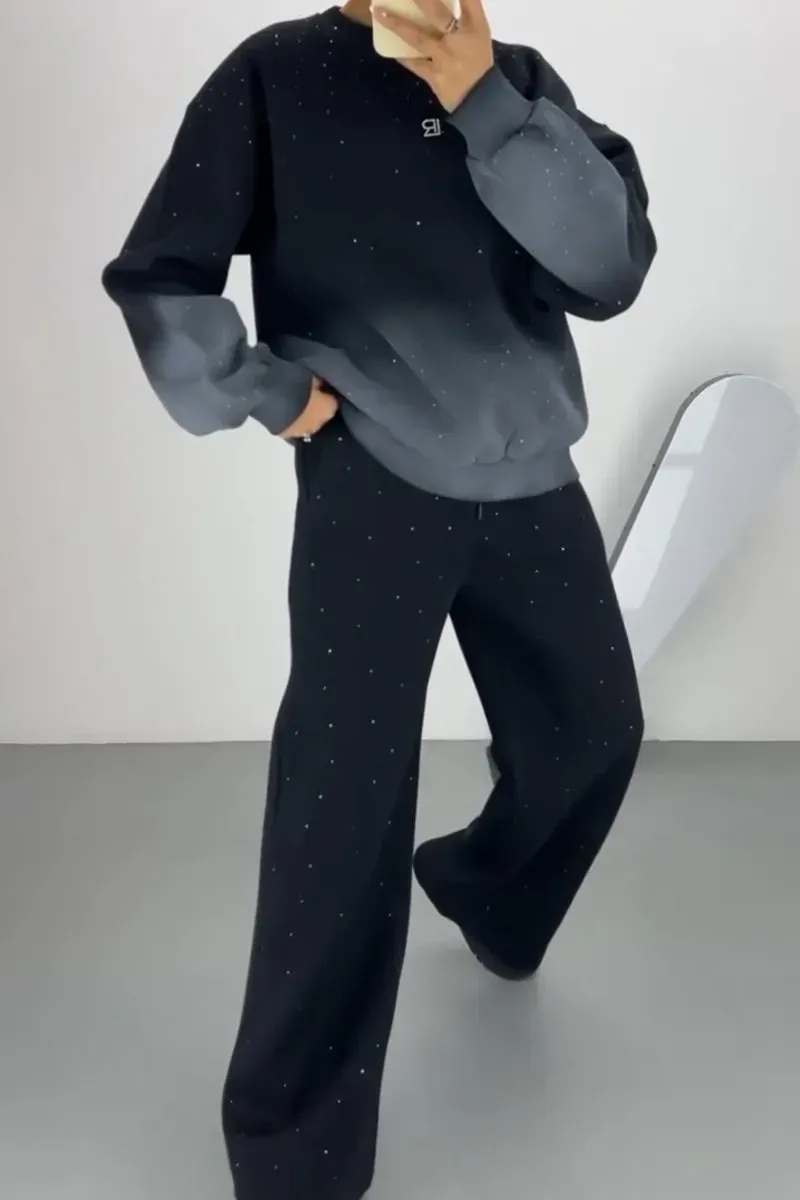 Women's Casual Rhinestone Embellished Ombre Crew Neck Top and Pants Two-Piece Set
