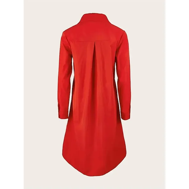 Women's Shirt Dress Casual Dress Shift Dress Midi Dress Outdoor Winter Dress Daily Polyester Elegant Casual Shirt Collar Pocket Rolled Cuff Long Sleeve Summer Winter Fall Spring 2023 Loose Fit Red