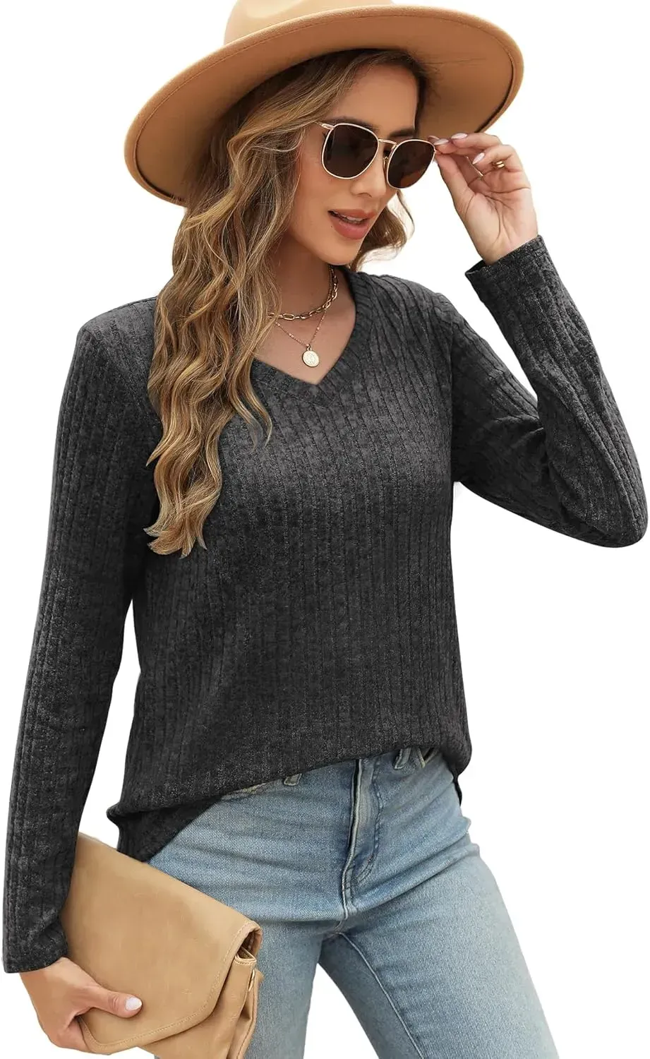 OFEEFAN Long Sleeve Shirts for Women Lightweight Crew Neck Casual Tunic Tops