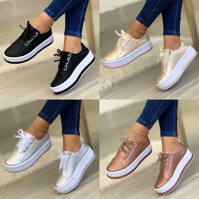 Women's Sneakers White Shoes Plus Size Platform Sneakers Daily Summer Spring Fall Platform Flat Heel Round Toe Sporty Casual Walking Shoes PU Lace-up Solid Color Silver Dark Red Black