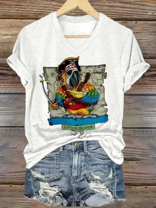 Women's V-neck short-sleeved printed T-shirt