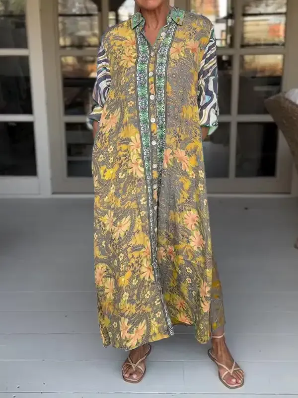 Women Sundress Boho Casual Lapel Loose Printed Dress