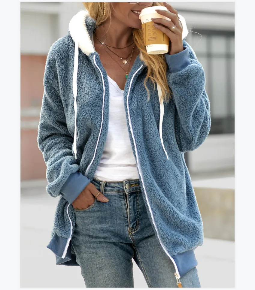 Plush Drawstring Hooded Zip Coat