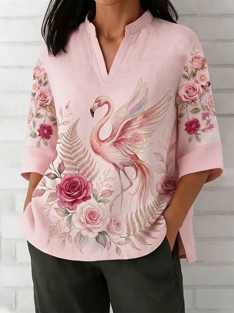 Women's Nashville Flamingo Rose Floral Printed V-neck Top
