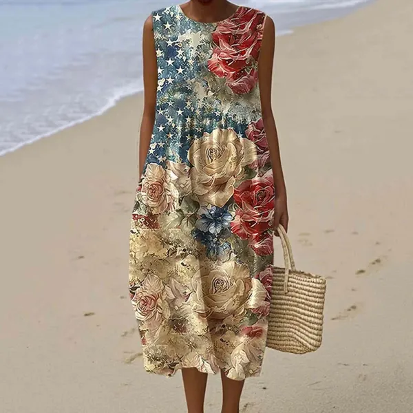 Women's Vintage Floral Independence Day Art Linen Tank Dress
