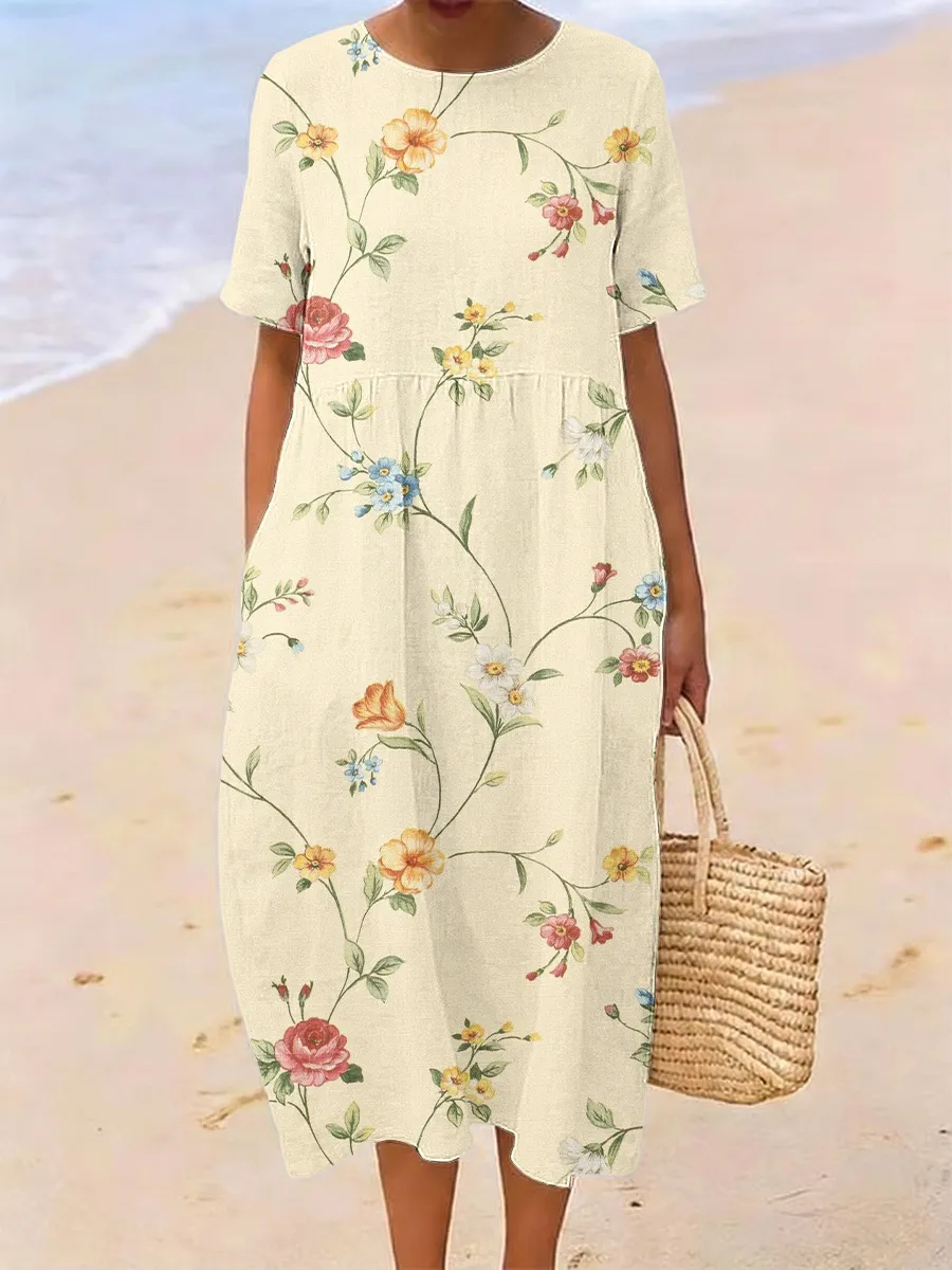 Simple Round Neck Half Sleeved Printed Women's Dress