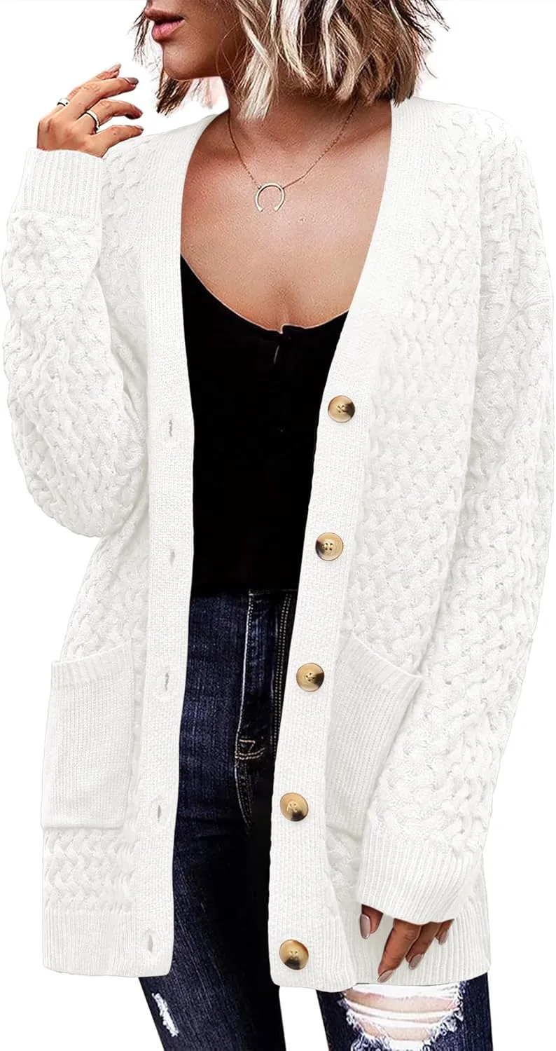 Womens 2024 Long Sleeve Chunky Cable Knit Fall Cardigans Sweaters Button Down Open Front Outerwear with Pockets
