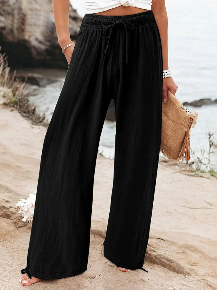 Women'S Solid Color Multi-Color Elastic Waist Loose Pocket Casual Pants