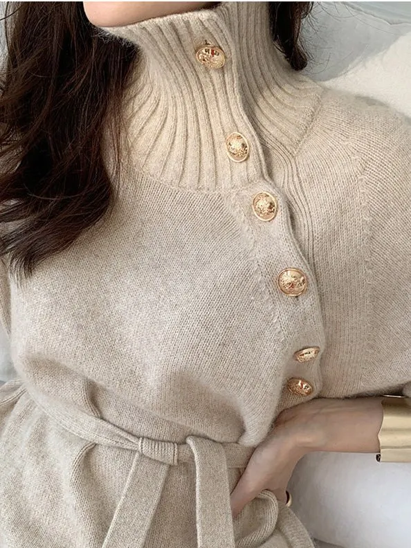 Women's Dresses High Neck Button Tie Long Sleeve Sweater Dress