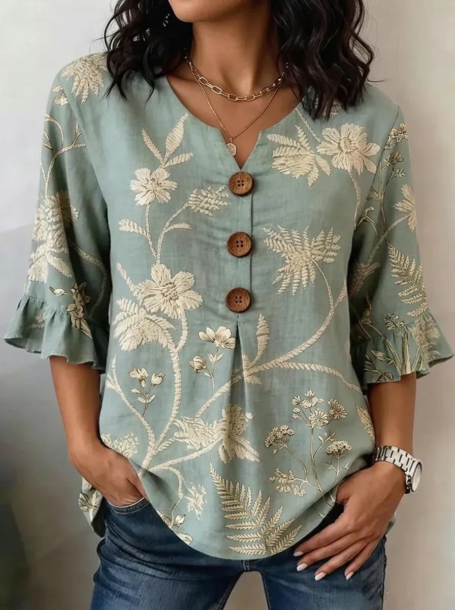 Women's Nashville Floral Botanical Printed V-neck Button Top