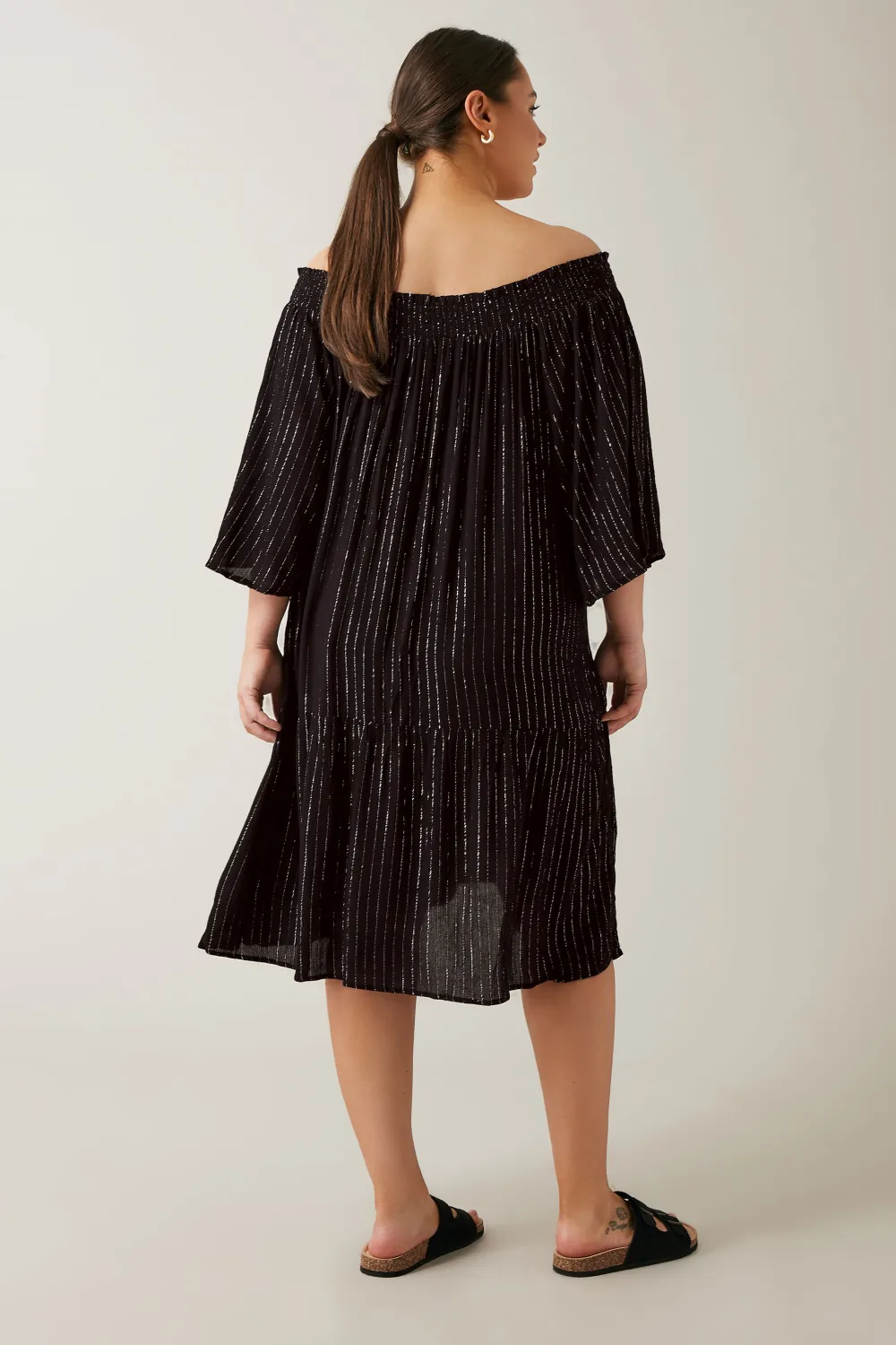 Evans Black Metallic Stripe Tiered Midi Beach Dress