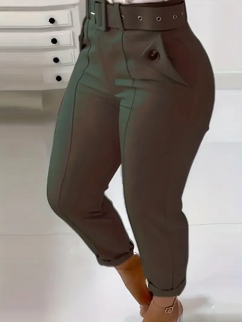 Skinny Leggings Pants - Solid Belted, Slant Pocket Button, Casual Every Day - Women's Clothing