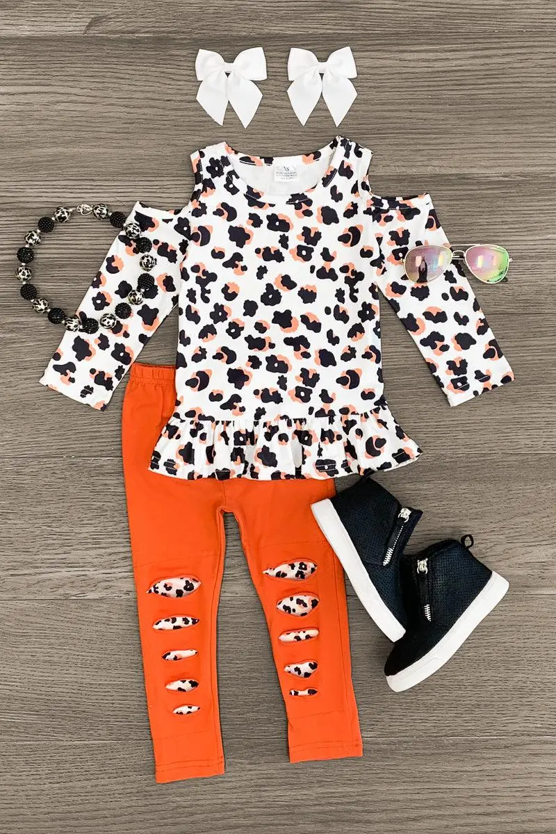 White Cheetah Distressed Legging Set