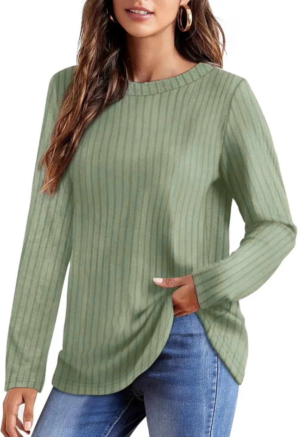 OFEEFAN Long Sleeve Shirts for Women Lightweight Crew Neck Casual Tunic Tops