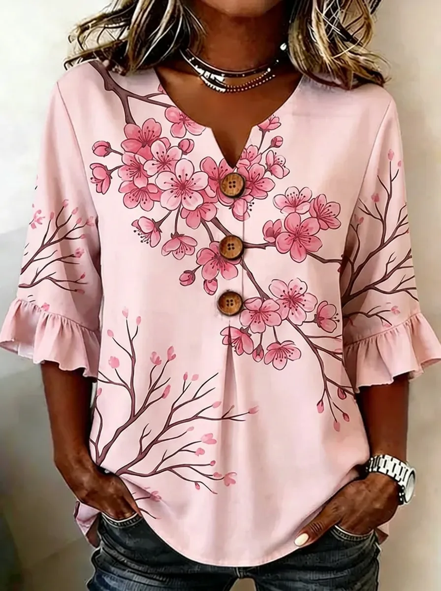 Women's Nashville Cherry Blossom Floral Printed V-neck Top