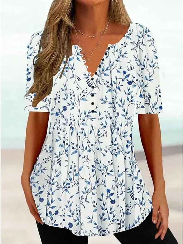 Women's T shirt Tee White Yellow Light Green Floral Button Print Short Sleeve Holiday Weekend Tunic Basic Round Neck Regular Fit Floral Painting