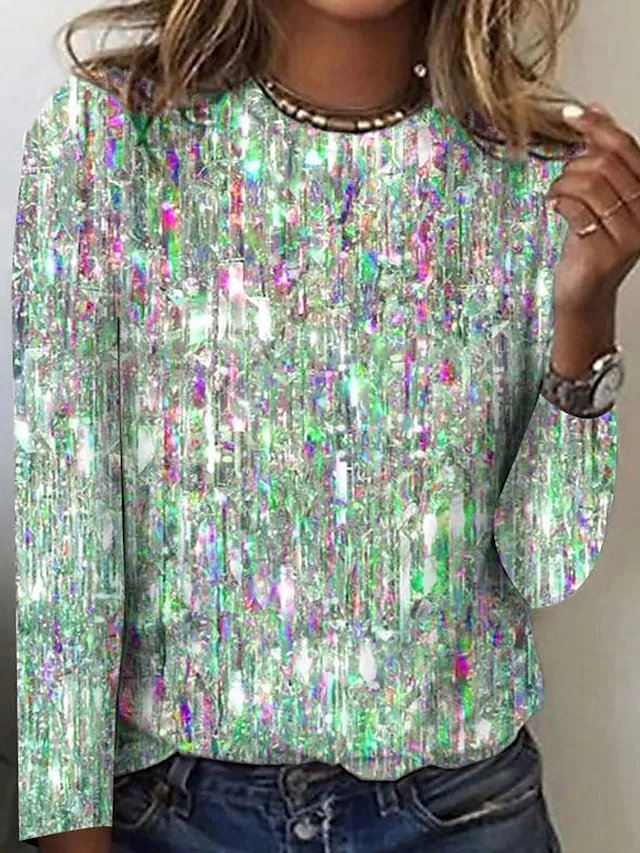 Women's T shirt Tee Silver Light Green Pink Graphic Print Long Sleeve Daily Weekend Fashion Basic Elegant Round Neck Regular Fit Painting Fall & Winter