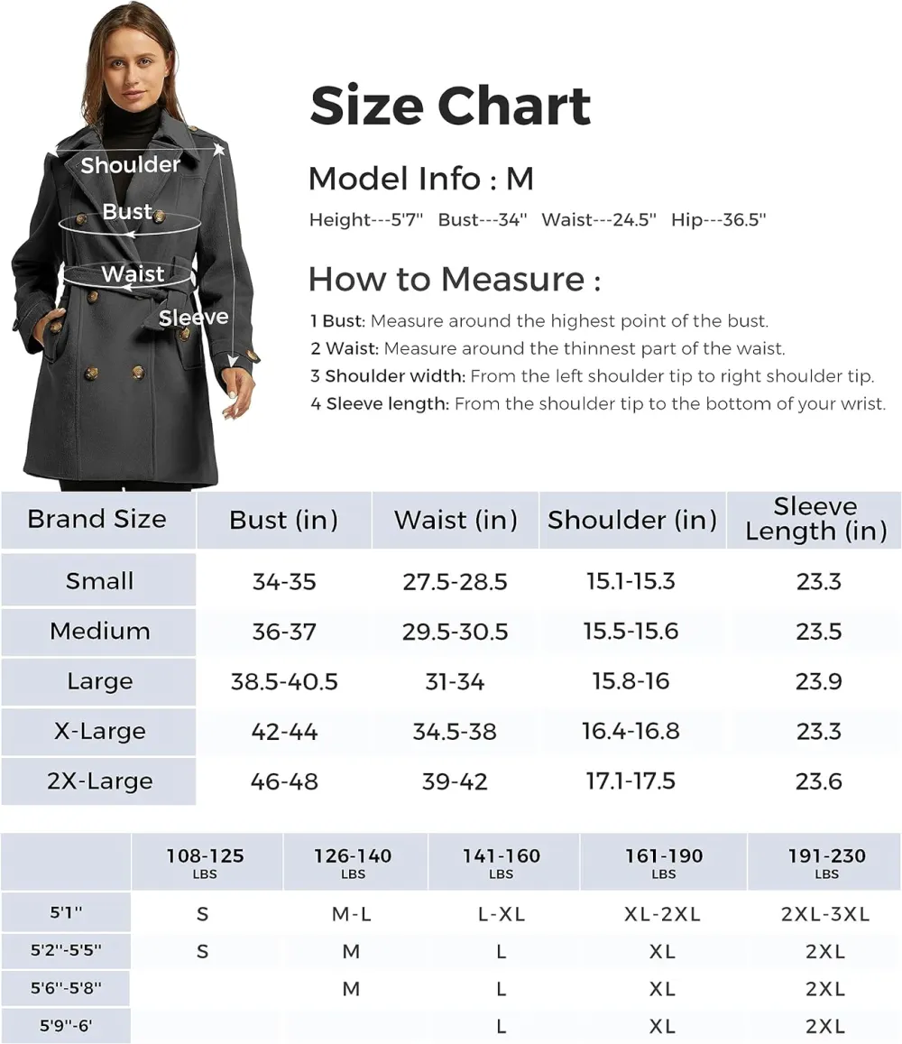 Women's Double Breasted Pea Coat Winter Mid-Long Trench Coat with Belt