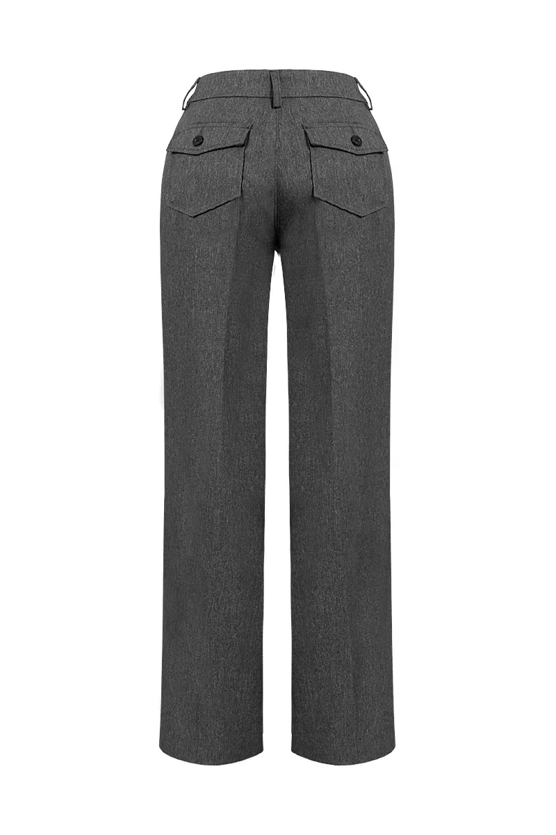 Solid Flap Pocket Button Up Mid Rise Straight Leg Pants