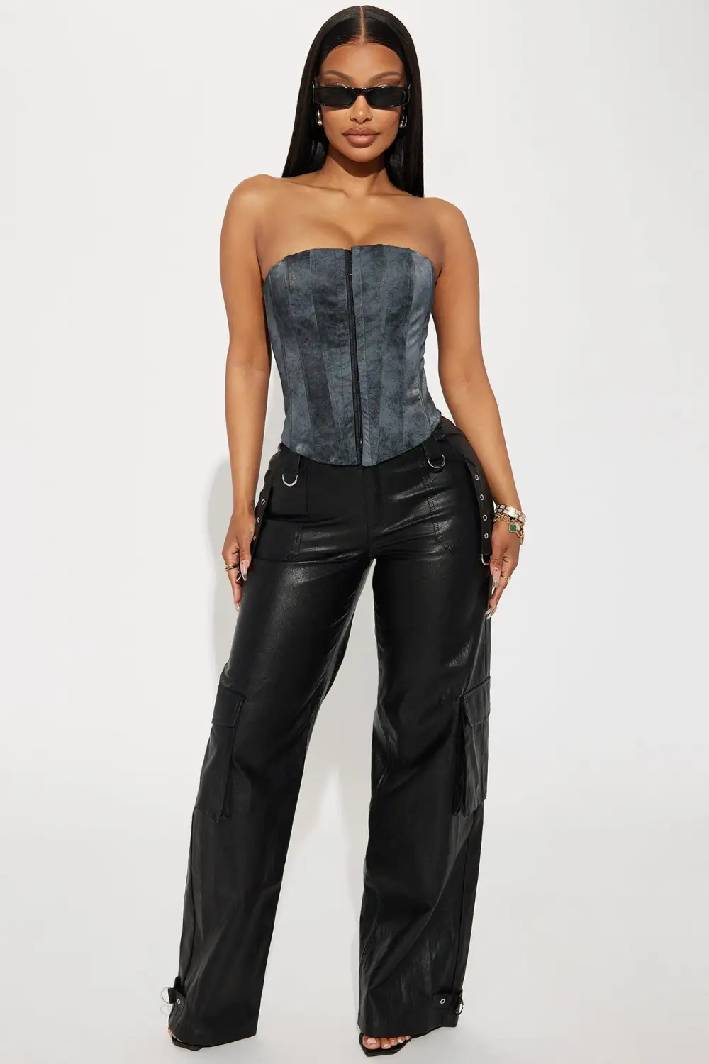 Inez Washed Faux Leather Corset Top - Grey