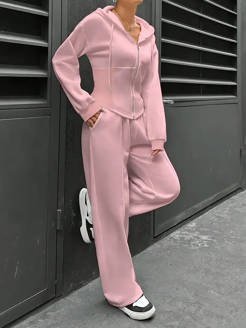 Women's Elegant Solid Color Polyester Hooded Tracksuit Set with Drawstring and Zipper Details – Knit Fabric Pantsuit for All Seasons