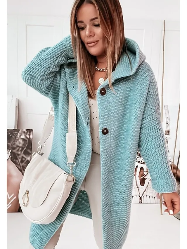 Women's Cardigan Sweater Jumper Knit Button Knitted Solid Color Hooded Stylish Casual Daily Weekend Winter Fall Green Pink S M L / Long Sleeve / Regular Fit