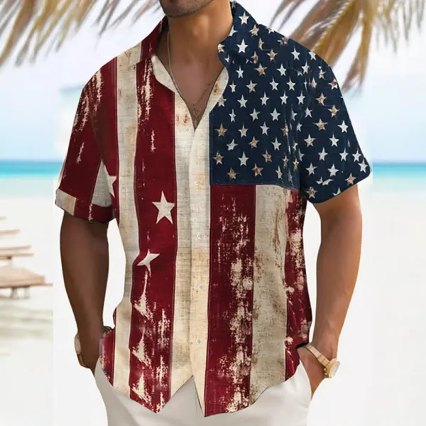 Men's Independence Day Print Lapel Short Sleeve Shirt