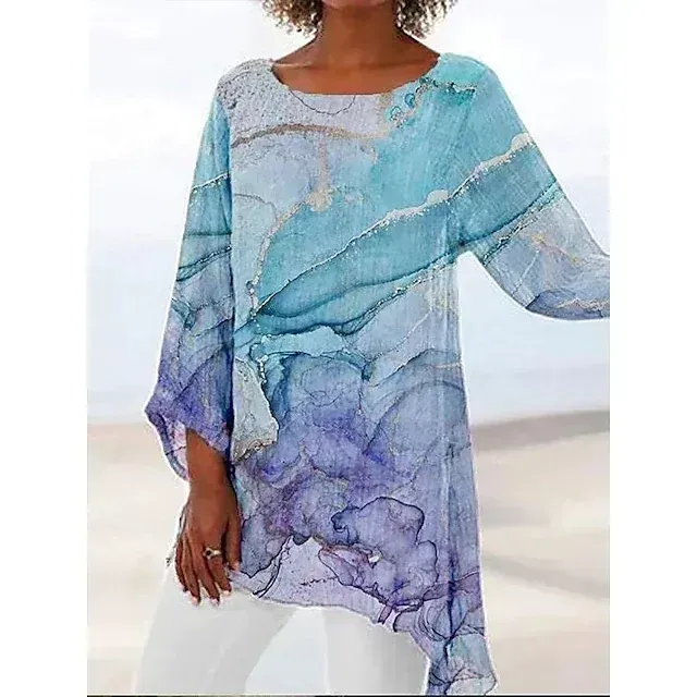 Women's Shirt Blouse Tunic White Red Blue Graphic Floral Asymmetric Print Long Sleeve