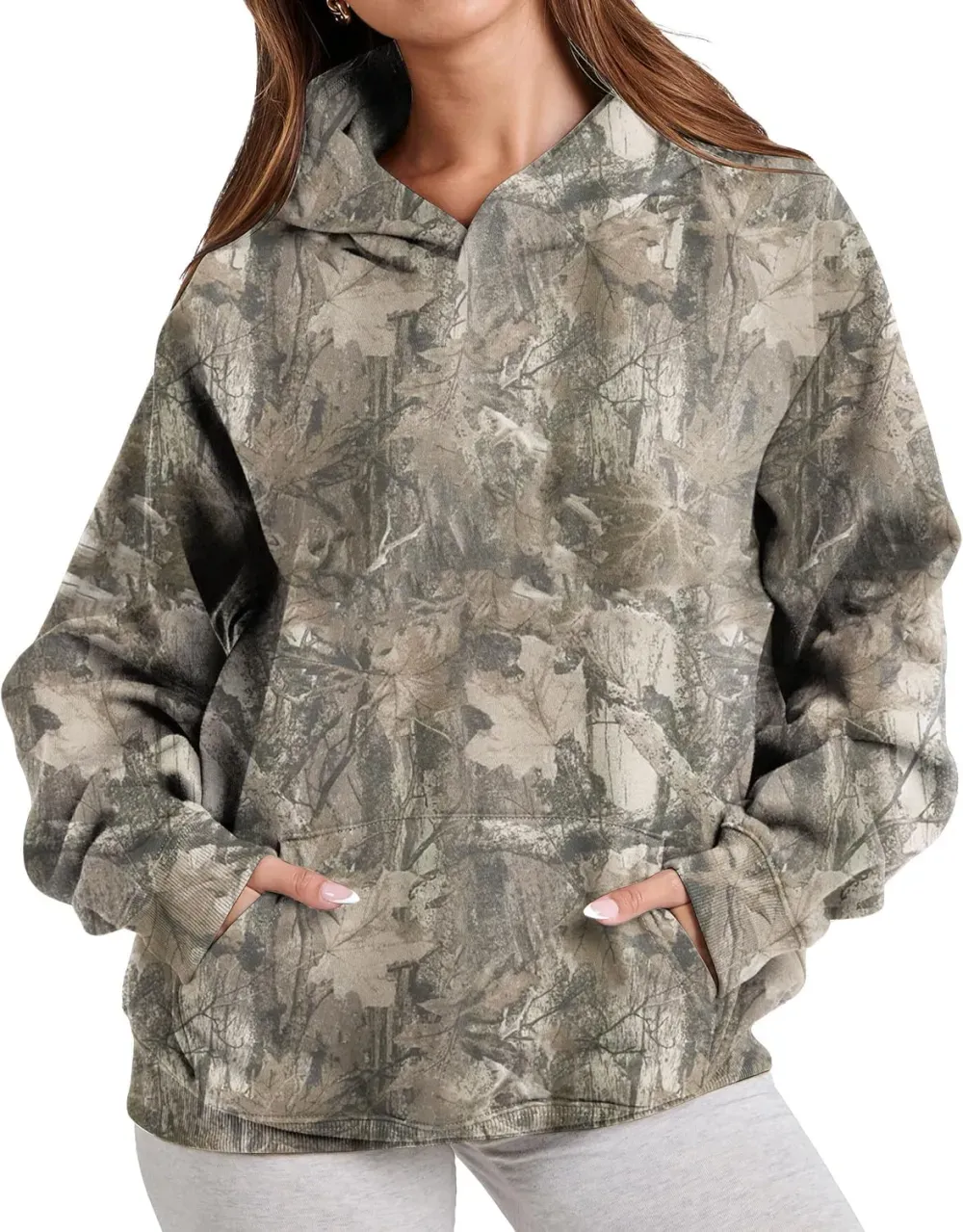 Womens Camo Hoodies Maple Leaf Print Oversized Hooded Sweatshirt Fleece Pullover Sweatshirts Long Sleeve with Pocket