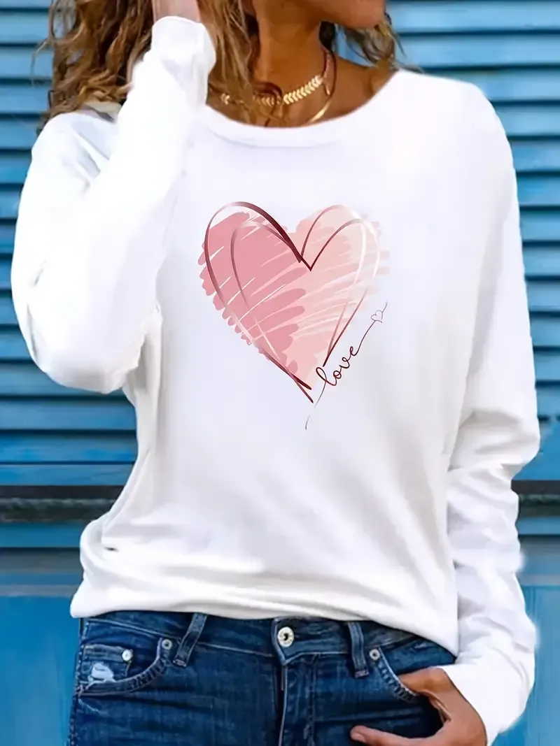 Women's Comfy Heart & Love Print Long Sleeve T-Shirt - Casual, Loose Fit, Crew Neck Top for Spring, Summer & Fall