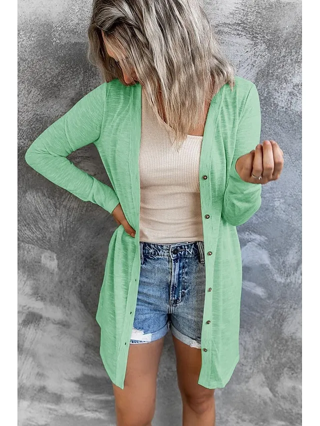 Women's Cardigan Sweater Cowl Ribbed Knit Polyester Button Summer Spring Outdoor Home Halloween Casual Soft Long Sleeve Solid Color Black White Light Green S M L