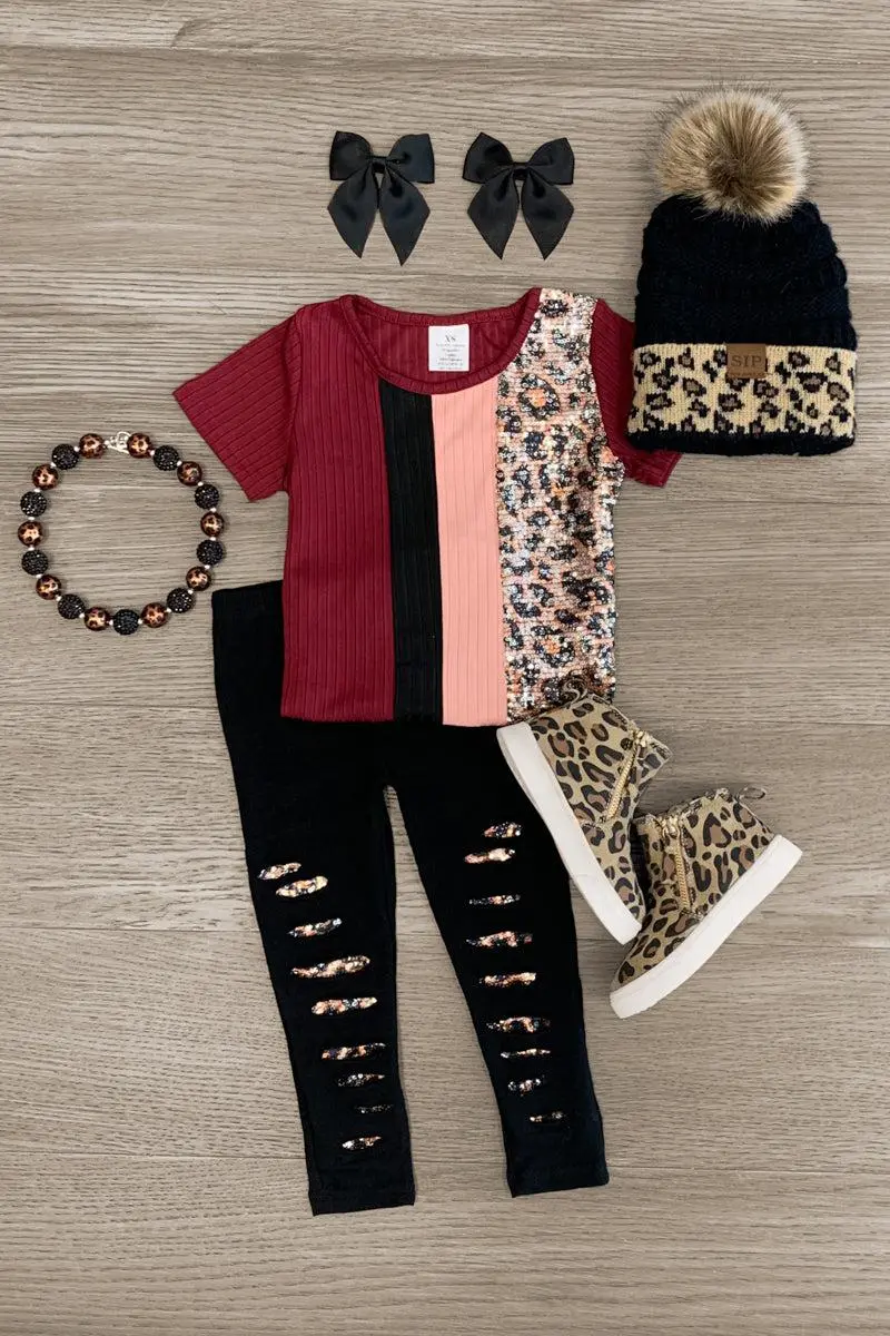 Leopard Sequin Distressed Legging Set