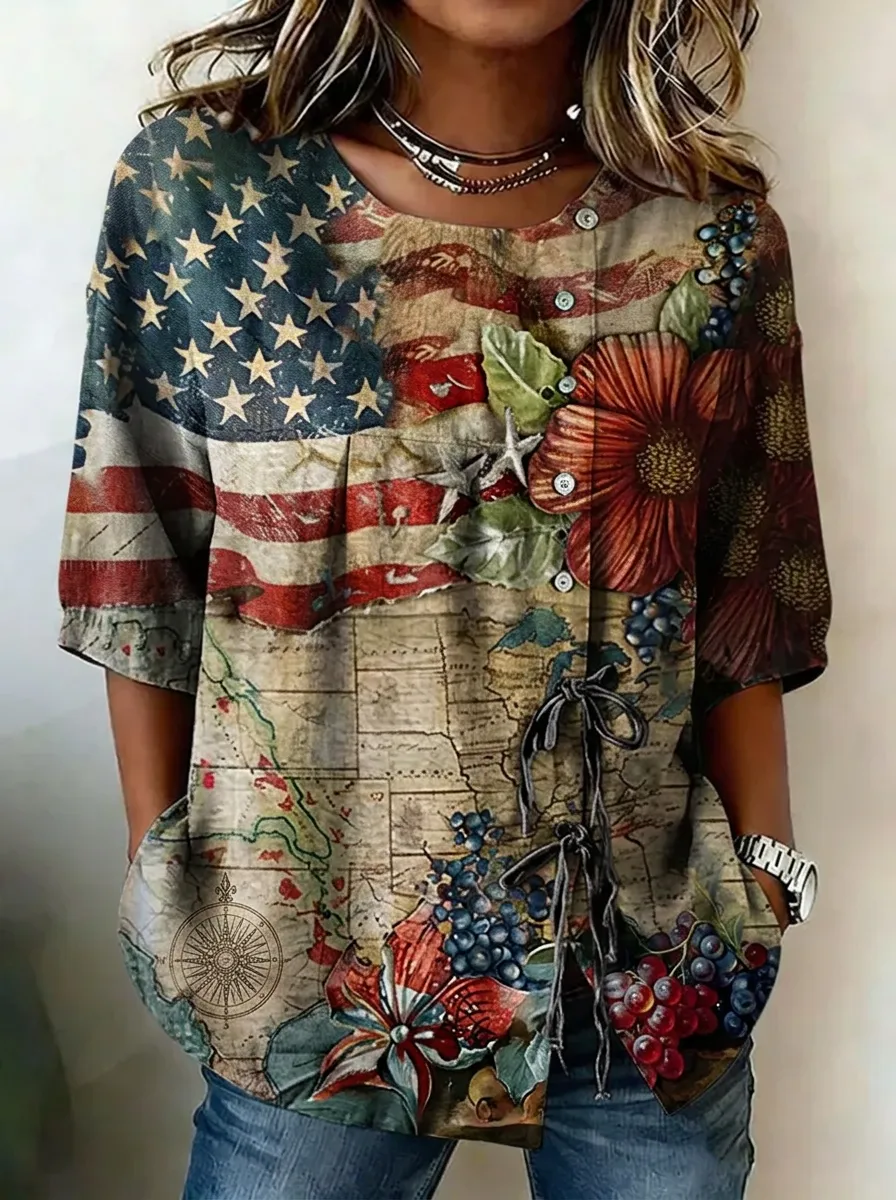 Women's Nashville USA Flag Floral Map Printed Button-Up Top