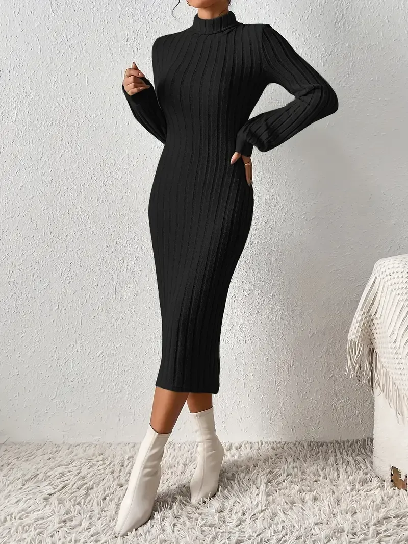 Ribbed Solid Bodycon Dress, Elegant Turtleneck Long Sleeve Dress, Women's Clothing