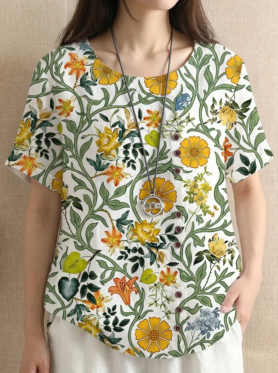 Women's Nashville Botanical Floral Printed Button-Down Top