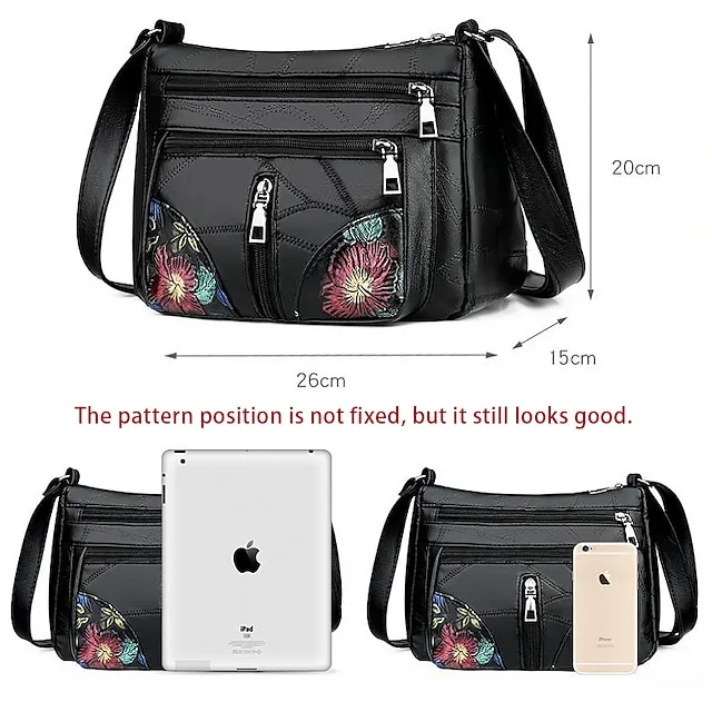 Women's Crossbody Bag Shoulder Bag Hobo Bag PU Leather Outdoor Daily Holiday Embroidery Zipper Large Capacity Waterproof Lightweight Solid Color Flower Folk Black