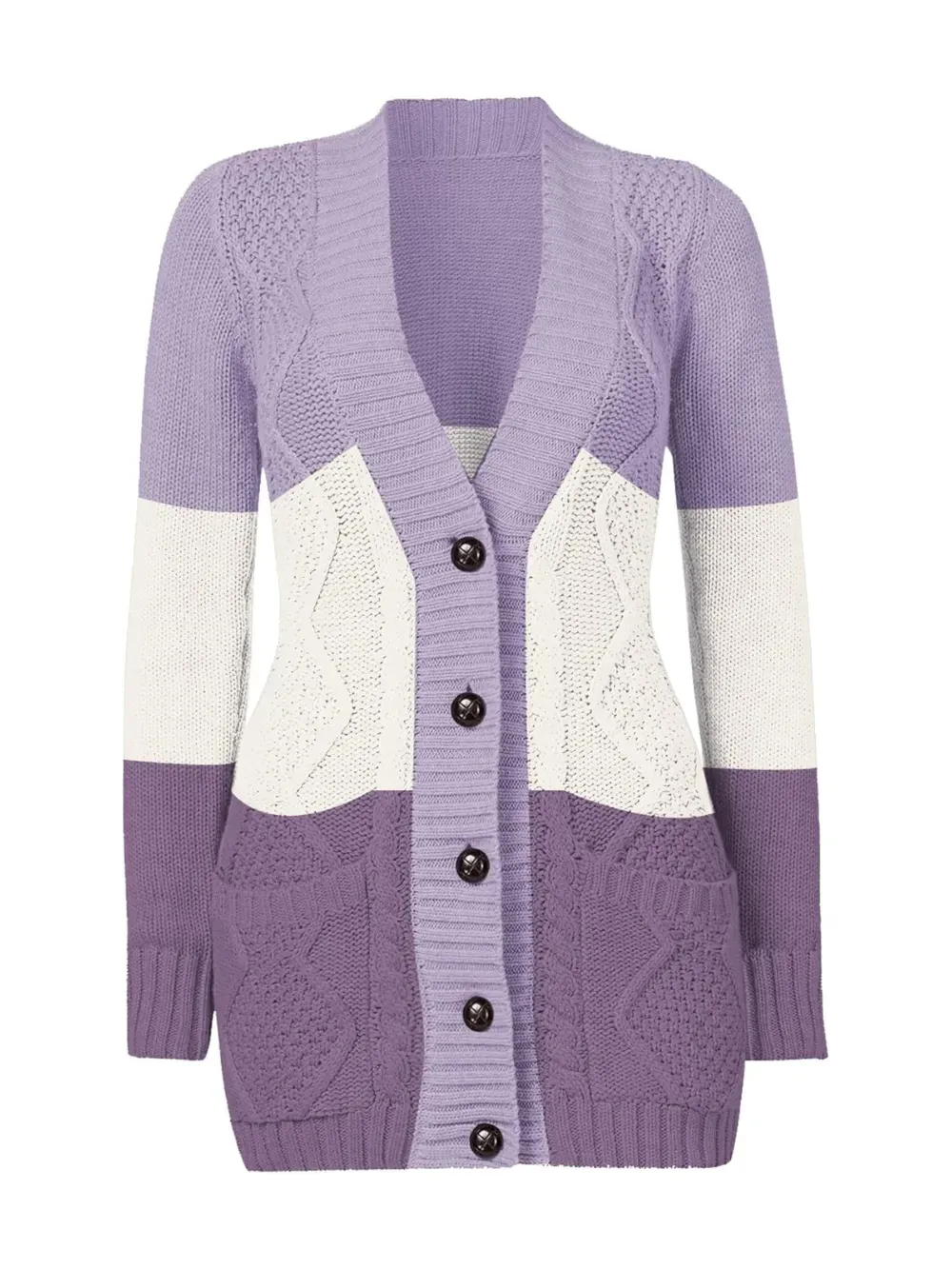 Womens Long Sleeve Open Front Buttons Cable Knit Pocket Sweater Cardigan