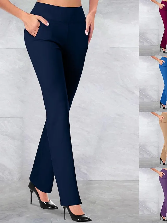 Women‘s Dress Work Casual Pants Trousers Straight Full Length Pocket Stretchy Trousers  Daily Black Wine S M