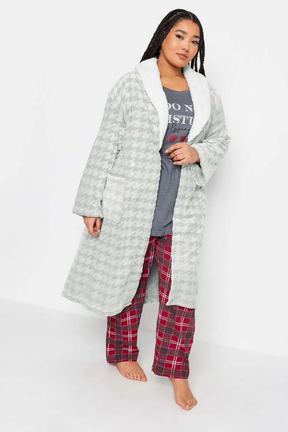YOURS Curve Grey Dogtooth Maxi Dressing Gown