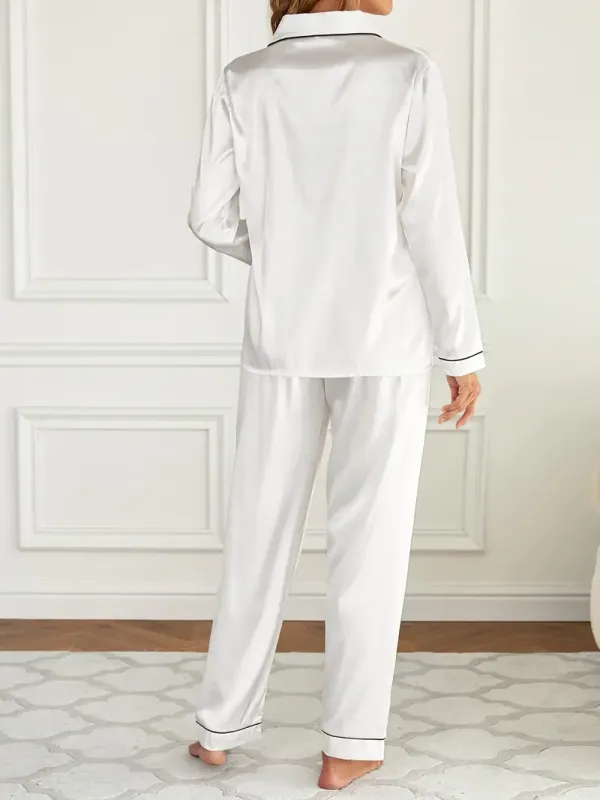 Solid Pajama Set, Long Sleeve Button Up Lapel Top & Pants Pj Set - Women's Sleepwear & Loungewear