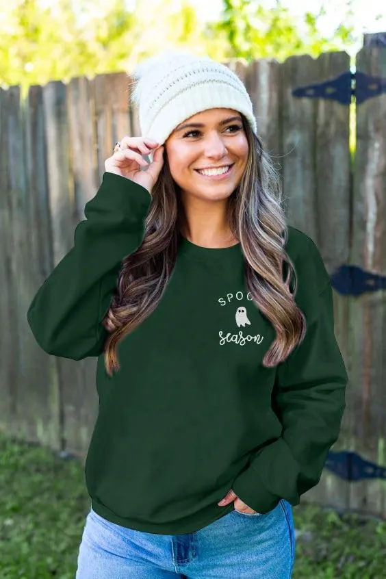 LOTUCY Halloween Sweatshirt Women Cute Spooky Season Sweatshirts Ghost Fall Embroidered Sweater Pullover Top